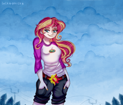 Size: 1008x864 | Tagged: safe, artist:lelka-philka, imported from derpibooru, sunset shimmer, equestria girls, legend of everfree, clothes, cute, female, hand in pocket, hands in pockets, human coloration, shorts, smiling, solo