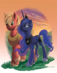 Size: 792x1008 | Tagged: safe, artist:raynesgem, imported from derpibooru, big macintosh, princess luna, earth pony, pony, cloud, couple, duo, evening, lunamac, male, shipping, stallion, straight, strolling, twilight (astronomy), updated, walking, wavy mouth