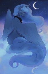 Size: 2508x3843 | Tagged: dead source, safe, artist:serafelis, imported from derpibooru, princess luna, alicorn, pony, blushing, cloud, crescent moon, female, lidded eyes, looking down, mare, moon, night, sitting, solo, spread wings, stars