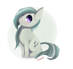 Size: 1000x950 | Tagged: safe, artist:miokomata, imported from derpibooru, marble pie, earth pony, pony, blushing, cute, female, frown, hair over one eye, looking at you, mare, signature, simple background, sitting, solo, white background