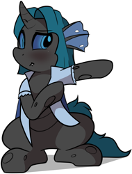 Size: 2021x2656 | Tagged: safe, artist:furrgroup, imported from derpibooru, oc, oc only, oc:synch, changeling, :i, clothes, dressing, female, shirt, solo