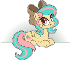 Size: 400x369 | Tagged: safe, artist:matteglaze, imported from derpibooru, oc, oc only, oc:vanilla ganache, pegasus, pony, freckles, grin, hair bow, looking back, lying down, pixel art, smiling, solo