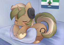 Size: 1280x902 | Tagged: safe, artist:mrsremi, imported from derpibooru, oc, oc only, oc:eastern spirit, pony, unicorn, eyes closed, flag, headphones, pillow, unshorn fetlocks