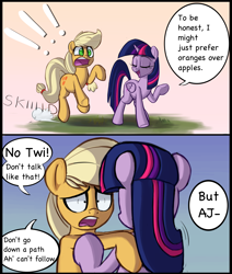 Size: 2540x2991 | Tagged: safe, artist:january3rd, imported from derpibooru, applejack, twilight sparkle, alicorn, pony, apple, comic, dishonorapple, duo, lord of the rings, that pony sure does love apples, twilight sparkle (alicorn)