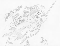Size: 600x456 | Tagged: safe, artist:ciaran, derpibooru exclusive, imported from derpibooru, daring do, alligator, caption, commission, monochrome, rope, simple background, swinging, traditional art