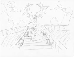 Size: 1024x787 | Tagged: safe, artist:ciaran, derpibooru exclusive, imported from derpibooru, princess luna, banister, cloud, monochrome, mountain, sketch, stairs, traditional art