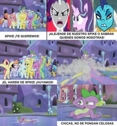 Size: 480x518 | Tagged: safe, imported from derpibooru, amber laurel, atomic crystal, atticus, beta particle, crystal arrow, crystal beau, elbow grease, golden glitter, neighls bohr, night knight, paradise (crystal pony), princess ember, rarity, rook ramparts, ruby love, sapphire joy, scarlet heart, spike, starlight glimmer, crystal pony, dragon, pony, the times they are a changeling, background pony, female, male, mare, paradise (g4), quantum leap, spanish, spike gets all the mares, stallion, straight, translated in the comments, unnamed pony