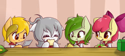 Size: 1900x850 | Tagged: safe, artist:arielsbx, imported from derpibooru, apple bloom, oc, oc:flowertheplantponi, oc:lai chi, oc:viola, earth pony, pony, adorabloom, blushing, burger, clothes, cute, eating, female, filly, foal, food, game boy, game boy advance, hoof hold, juice, juice box, lunchbox, ocbetes, sandwich, school uniform, schoolgirl, sweet dreams fuel, table