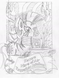 Size: 1253x1654 | Tagged: safe, artist:ciaran, derpibooru exclusive, imported from derpibooru, zecora, zebra, bottle, caption, cauldron, female, mask, monochrome, sketch, smiling, solo, spear, tarot card, tarot:once upon a time, traditional art, weapon, zecora's hut