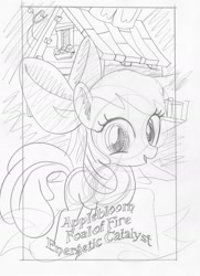 Size: 1198x1654 | Tagged: safe, artist:ciaran, derpibooru exclusive, imported from derpibooru, apple bloom, earth pony, pony, caption, female, filly, foal, looking at you, monochrome, sketch, smiling, solo, tarot card, tarot:once upon a time, traditional art, treehouse