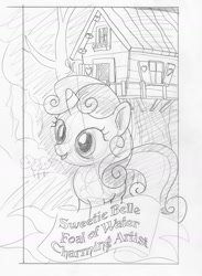 Size: 1198x1636 | Tagged: safe, artist:ciaran, derpibooru exclusive, imported from derpibooru, sweetie belle, caption, female, flower, monochrome, sketch, smiling, solo, tarot card, tarot:once upon a time, traditional art, treehouse