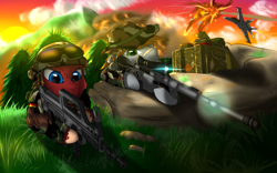 Size: 3840x2400 | Tagged: safe, artist:n-prophet, imported from derpibooru, oc, oc only, box, camouflage, care package (box), explosion, f/a-18 hornet, german, german flag, gun, hair over one eye, hat, jet, jet fighter, m200 intervention, qbz-95, rifle, sniper rifle, war, weapon