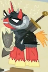 Size: 341x511 | Tagged: safe, imported from derpibooru, screencap, big macintosh, pony, unicorn, dungeons and discords, cropped, dungeons and dragons, helmet, horned helmet, magic, male, ogres and oubliettes, race swap, shield, sir mcbiggen, solo, stallion, sword, telekinesis, unicorn big mac, weapon