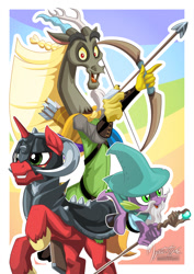 Size: 955x1351 | Tagged: safe, artist:mysticalpha, imported from derpibooru, big macintosh, discord, spike, draconequus, dragon, pony, unicorn, dungeons and discords, armor, arrow, bow (weapon), bow and arrow, captain wuzz, dungeons and dragons, garbuncle, helmet, horned helmet, male, ogres and oubliettes, race swap, sir mcbiggen, stallion, trio, unicorn big mac, weapon