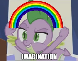 Size: 475x375 | Tagged: safe, edit, edited screencap, imported from derpibooru, screencap, spike, dungeons and discords, image macro, imagination, meme, rainbow, spongebob squarepants