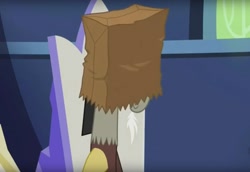 Size: 1358x932 | Tagged: safe, imported from derpibooru, screencap, discord, draconequus, dungeons and discords, bag on head, male, paper bag, solo