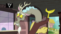 Size: 500x281 | Tagged: safe, imported from derpibooru, screencap, discord, fluttershy, dungeons and discords, animated, discovery family logo, gif, saddle bag, tv-y, volcano
