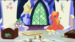 Size: 1280x720 | Tagged: safe, imported from derpibooru, screencap, big macintosh, spike, earth pony, pony, dungeons and discords, discovery family logo, dm screen, dungeons and dragons, male, ogres and oubliettes, stallion, tabletop game, unamused