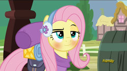 Size: 1920x1080 | Tagged: safe, edit, edited screencap, imported from derpibooru, screencap, fluttershy, dungeons and discords, bedroll, bedroom eyes, blushing, cute, eyebrows, faic, saddle bag, shyabetes, smiling