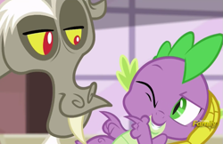 Size: 735x475 | Tagged: safe, imported from derpibooru, screencap, discord, spike, dungeons and discords, discovery family logo, out of context, pointing