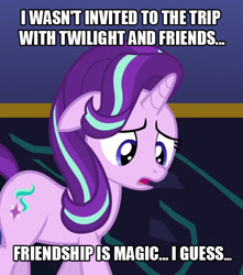 Size: 560x633 | Tagged: safe, edit, edited screencap, imported from derpibooru, screencap, starlight glimmer, unicorn, dungeons and discords, abuse, cropped, female, filly, floppy ears, forever alone, glimmerbuse, image macro, meme, no-showlight glimmer, sad, sadlight glimmer, solo, woobie, younger