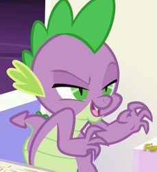 Size: 983x1072 | Tagged: safe, imported from derpibooru, screencap, spike, dungeons and discords, lidded eyes, male, plotting, scary face, sinister, solo