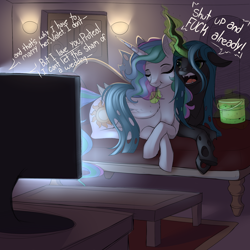 Size: 2000x2000 | Tagged: safe, artist:evehly, imported from derpibooru, princess celestia, queen chrysalis, alicorn, changeling, pony, :t, annoyed, bucket, chryslestia, commission, couch, crossed hooves, cuddling, cute, cutie mark, dialogue, eating, eyes closed, fangs, feeding, female, frown, glare, ice cream, just fuck already, lesbian, levitation, living room, magic, mare, open mouth, pistachio (ice cream), prone, romantic, shipping, smiling, snuggling, soap opera, spoon, subtle as a train wreck, sunbutt, tail hug, telekinesis, television, together, vulgar, watching