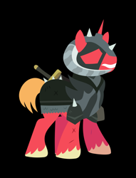 Size: 3373x4409 | Tagged: safe, artist:lucasaldebrandi, imported from derpibooru, big macintosh, earth pony, pony, unicorn, dungeons and discords, black background, dungeons and dragons, helmet, horned helmet, lineless, male, ogres and oubliettes, race swap, simple background, sir mcbiggen, solo, stallion, unicorn big mac