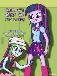 Size: 1200x1600 | Tagged: safe, artist:djgames, imported from derpibooru, rainbow dash, twilight sparkle, equestria girls, clothes, dawn (pokémon), phone, pleated skirt, pokémon, pokémon go, rainbow dash always dresses in style, skirt, smartphone, socks