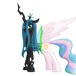 Size: 800x800 | Tagged: dead source, safe, artist:dj-rainbow-dash, imported from derpibooru, princess celestia, queen chrysalis, alicorn, changeling, changeling queen, pony, character to character, crown, female, jewelry, mare, regalia, simple background, solo, transformation, transparent background