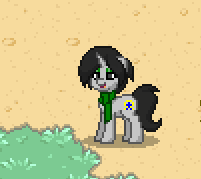 Size: 201x179 | Tagged: safe, imported from derpibooru, oc, oc only, oc:joyride, pony, unicorn, colt quest, pony town, clothes, color, cutie mark, dirt, eyeshadow, female, grass, grin, horn, makeup, mare, scarf, smiling, solo, sprite