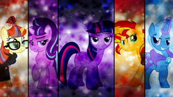 Size: 1920x1080 | Tagged: safe, artist:cezaryy, artist:hourglass-vectors, artist:magister39, artist:sketchmedia, artist:slb94, artist:the smiling pony, imported from derpibooru, moondancer, starlight glimmer, sunset shimmer, trixie, twilight sparkle, alicorn, pony, unicorn, cape, clothes, devious, glasses, magic, magical quintet, saddle bag, smiling, smirk, sweater, twilight sparkle (alicorn), twilight's counterparts, vector, wallpaper