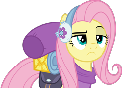 Size: 5000x3608 | Tagged: safe, artist:dashiesparkle, imported from derpibooru, fluttershy, dungeons and discords, .svg available, absurd resolution, bags, clothes, earmuffs, female, fluttershy is not amused, ponyscape, raised eyebrow, scarf, simple background, solo, transparent background, unamused, vector, winter outfit