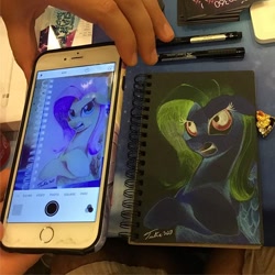 Size: 640x640 | Tagged: safe, artist:tsitra360, imported from derpibooru, fluttershy, dungeons and discords, angry, inverted colors, iphone, opposite fluttershy, traditional art