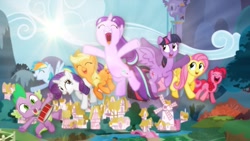Size: 1191x670 | Tagged: safe, artist:aelioszero, artist:hellswolfeh, artist:soren-the-owl, imported from derpibooru, applejack, fluttershy, pinkie pie, rainbow dash, rarity, spike, starlight glimmer, twilight sparkle, alicorn, pony, canterlot castle, drums, eyes closed, group shot, happy, jumping, lens flare, mane seven, mane six, musical instrument, ponyville, twilight sparkle (alicorn), vector, wallpaper