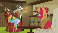 Size: 640x360 | Tagged: safe, imported from derpibooru, screencap, big macintosh, discord, princess celestia, earth pony, pony, dungeons and discords, animated, celestia's mane, gif, male, stallion, stroking