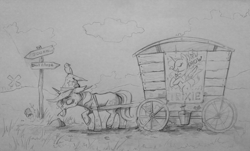 Size: 1000x603 | Tagged: safe, artist:28gooddays, imported from derpibooru, trixie, bird, pony, unicorn, bucket, clothes, cute, eyes closed, female, hat, mare, monochrome, tabun art-battle, tired, traditional art, trixie's hat, trixie's wagon