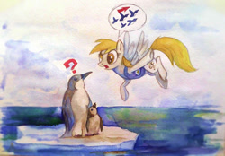 Size: 900x628 | Tagged: safe, artist:28gooddays, imported from derpibooru, derpy hooves, ditzy doo, bird, pegasus, penguin, pony, winter wrap up, antarctica, chick, female, flying, mare, ocean, question mark, speech bubble, traditional art, watercolor painting, weather team, went north to get the southern birds, winter wrap up vest
