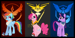 Size: 1110x572 | Tagged: safe, artist:ipandacakes, imported from derpibooru, pinkie pie, rainbow dash, twilight sparkle, alicorn, pony, great ball, poké ball, pokéball, pokémon, pokémon go, team instinct, team mystic, team valor, twilight sparkle (alicorn), ultra ball, watermark