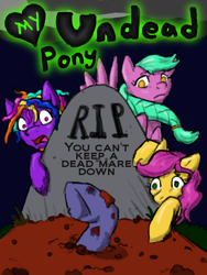 Size: 600x800 | Tagged: artist needed, safe, imported from derpibooru, oc, oc only, earth pony, pegasus, pony, zombie, zombie pony, braid, fanfic art, gravestone