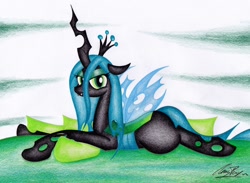 Size: 1024x748 | Tagged: safe, artist:thechrispony, imported from derpibooru, queen chrysalis, changeling, changeling queen, bugbutt, crown, female, jewelry, looking at you, prone, regalia, solo, traditional art