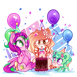 Size: 900x900 | Tagged: safe, artist:ipun, imported from derpibooru, oc, oc only, oc:fawn, oc:gadget, oc:precious metal, earth pony, pegasus, pony, balloon, birthday party, blushing, cake, female, food, heart, heart eyes, mare, party, simple background, white background, wingding eyes