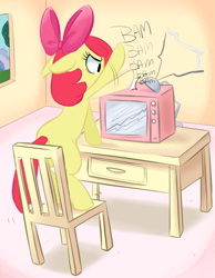 Size: 556x716 | Tagged: safe, artist:adequality, imported from derpibooru, apple bloom, female, percussive maintenance, solo, television