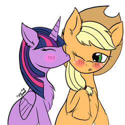 Size: 1000x1000 | Tagged: safe, artist:cruelunicorn, imported from derpibooru, applejack, twilight sparkle, alicorn, pony, blushing, cheek kiss, female, kiss on the cheek, kissing, lesbian, mare, shipping, twijack, twilight sparkle (alicorn)