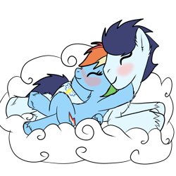 Size: 2000x2000 | Tagged: safe, artist:cruelunicorn, imported from derpibooru, rainbow dash, soarin', pony, cloud, male, old cutie mark, relaxing, shipping, soarindash, straight