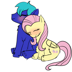 Size: 1000x1000 | Tagged: safe, artist:cruelunicorn, imported from derpibooru, fluttershy, oc, oc:lightning bolt, canon x oc, cuddling, flutterbolt, male, shipping, snuggling, straight