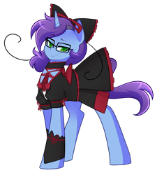 Size: 2092x2225 | Tagged: safe, artist:senseidezzy, deleted from derpibooru, imported from derpibooru, imported from ponybooru, oc, oc only, oc:moliminous, pony, unicorn, 2020 community collab, derpibooru community collaboration, anime, cat ears, clothes, cosplay, costume, dress, female, gate (anime), glasses, ponerpics import, rory mercury, simple background, solo, transparent background