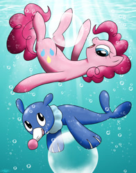 Size: 900x1146 | Tagged: safe, artist:wolftendragon, imported from derpibooru, pinkie pie, popplio, crossover, pokémon, pokémon sun and moon, underwater