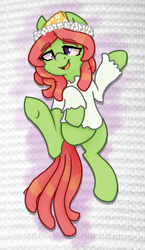 Size: 1243x2149 | Tagged: safe, artist:themodpony, imported from derpibooru, tree hugger, clothes, flower, looking at you, on back, shirt