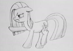 Size: 2000x1390 | Tagged: safe, artist:darelith, imported from derpibooru, pinkie pie, female, monochrome, newbie artist training grounds, pinkamena diane pie, pointing, solo, traditional art